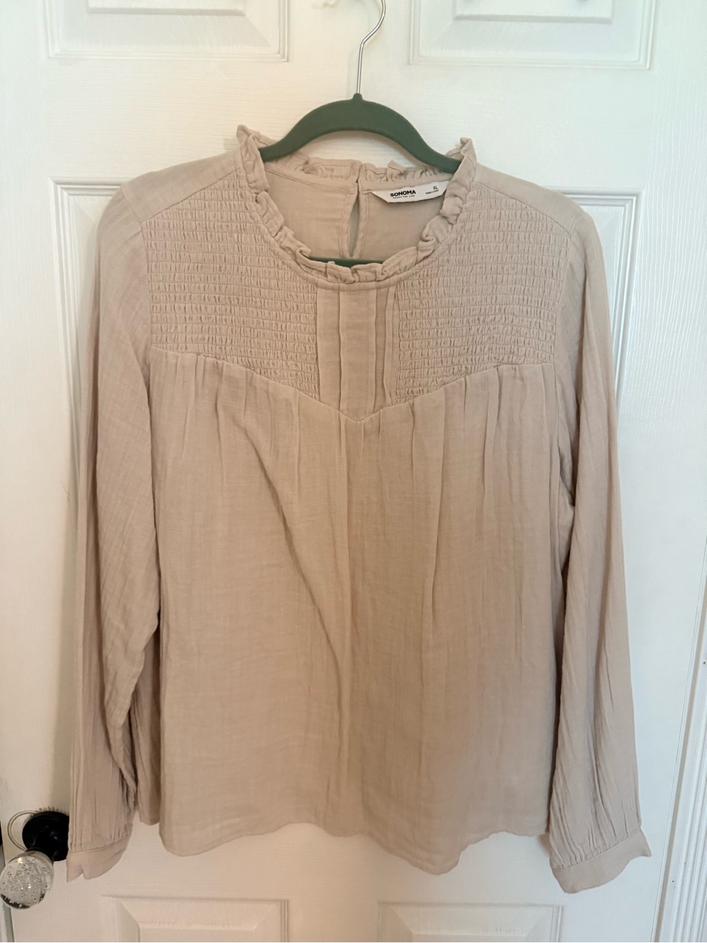 Sonoma Cream Smocked Yoke Long-Sleeve Blouse